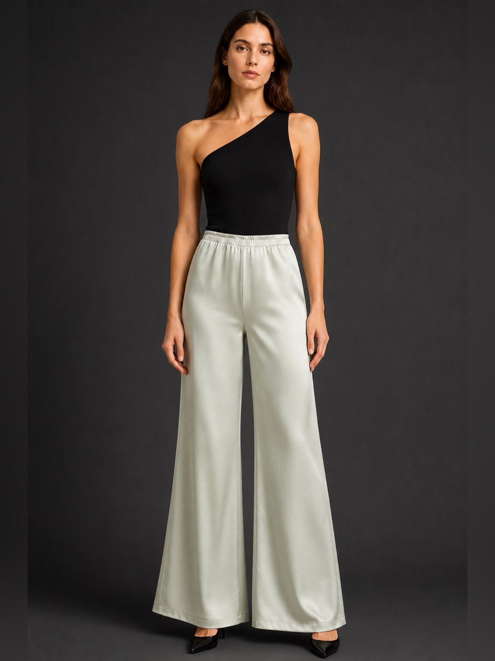 LESET Womens Wide-Leg silk pants in Light Sage -